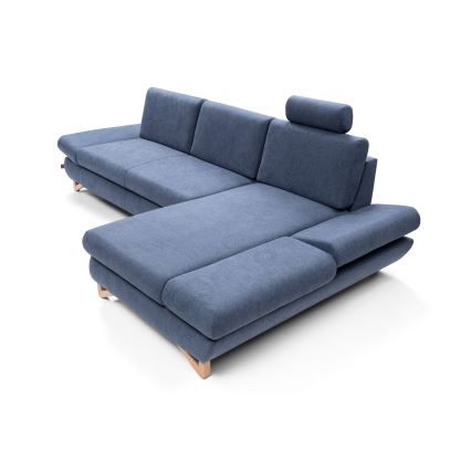 Sofá esquinero tapizado en L, convertible en cama, con arcón de almacenamiento AVESTA, orientación derecha, azul