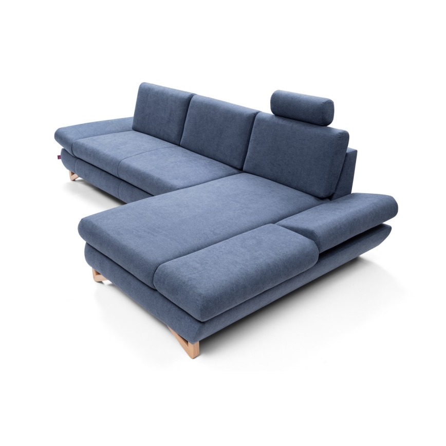 Sofá esquinero tapizado en L, convertible en cama, con arcón de almacenamiento AVESTA, orientación derecha, azul