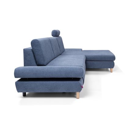 Sofá esquinero tapizado en L, convertible en cama, con arcón de almacenamiento AVESTA, orientación derecha, azul