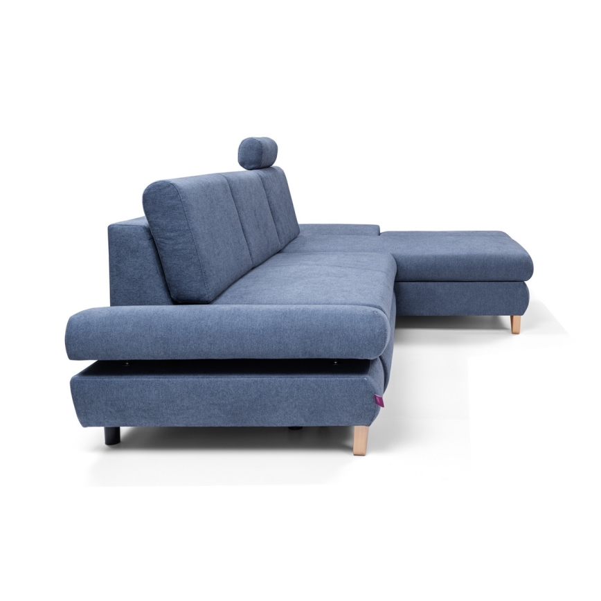 Sofá esquinero tapizado en L, convertible en cama, con arcón de almacenamiento AVESTA, orientación derecha, azul