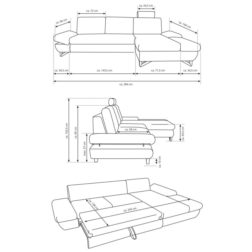 Sofá esquinero tapizado en L, convertible en cama, con arcón de almacenamiento AVESTA, orientación derecha, azul