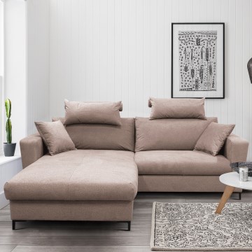 Sofá esquinero convertible en cama en L con almacenaje integrado HORTA, izquierdo, rosa