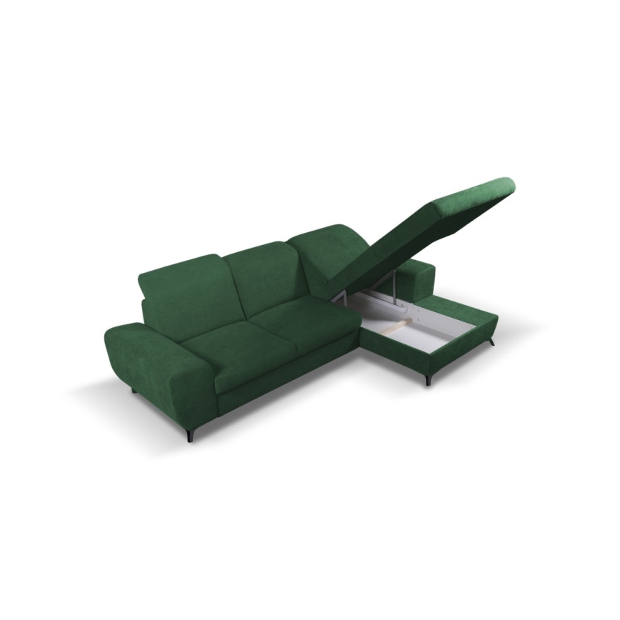 Sofá cama esquinero tapizado ALTA en L, configuración derecha, verde, con arcón de almacenamiento