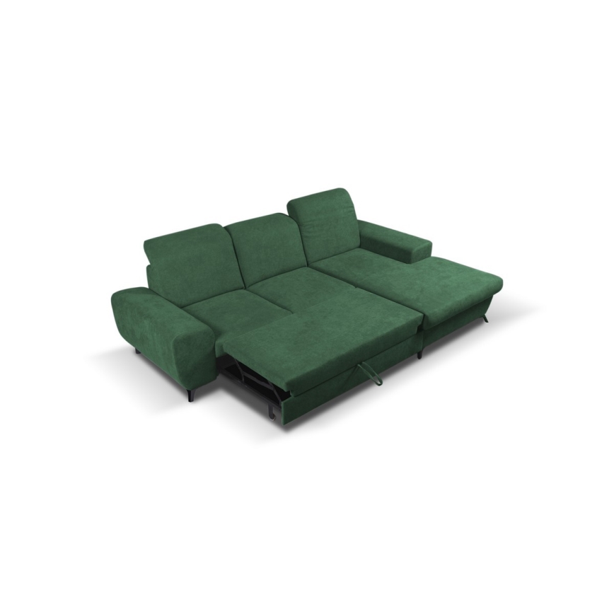Sofá cama esquinero tapizado ALTA en L, configuración derecha, verde, con arcón de almacenamiento