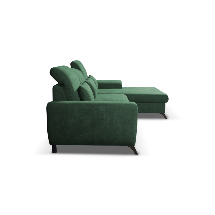 Sofá cama esquinero tapizado ALTA en L, configuración derecha, verde, con arcón de almacenamiento