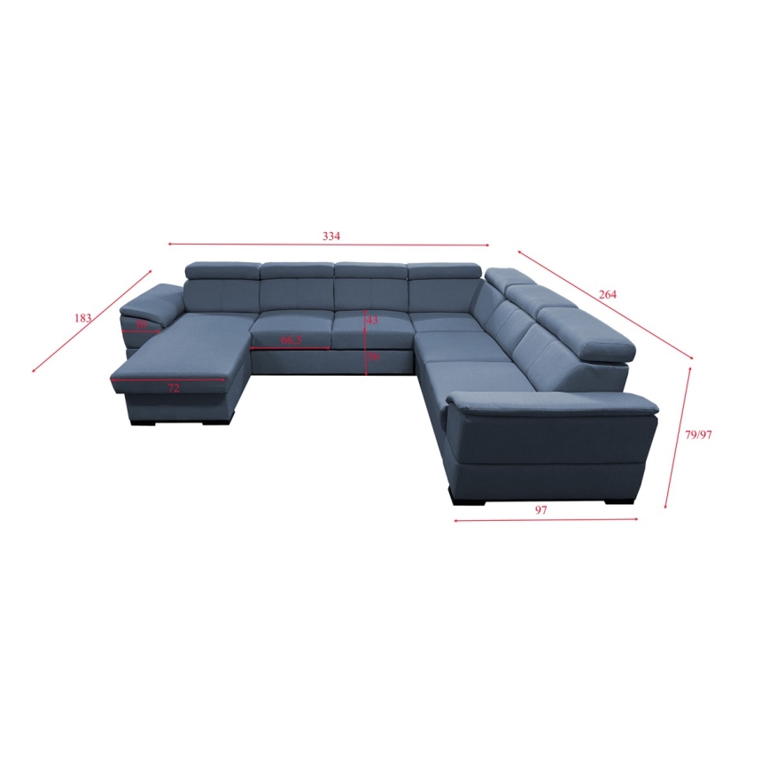 Sofá cama extensible con chaiselongue en forma de U universal con espacio de almacenamiento GRANADA azul