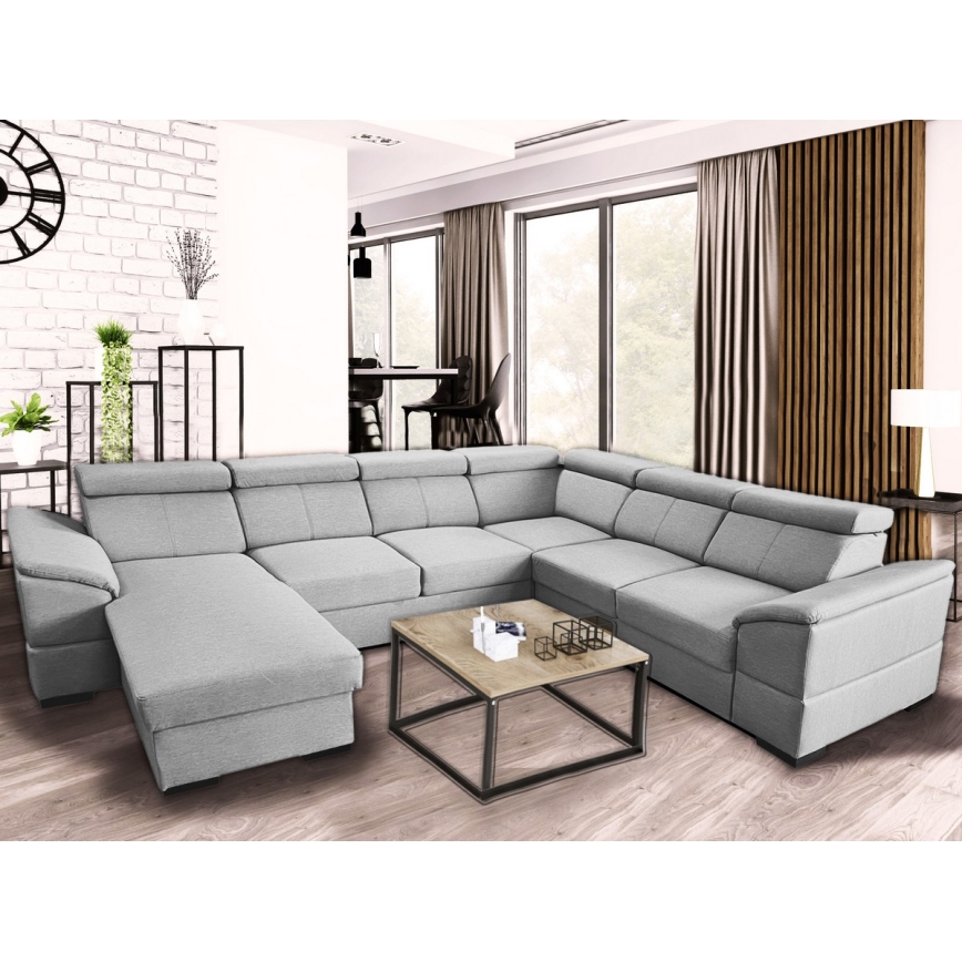 Sofá cama con chaiselongue en forma de U con almacenamiento GRANADA gris claro