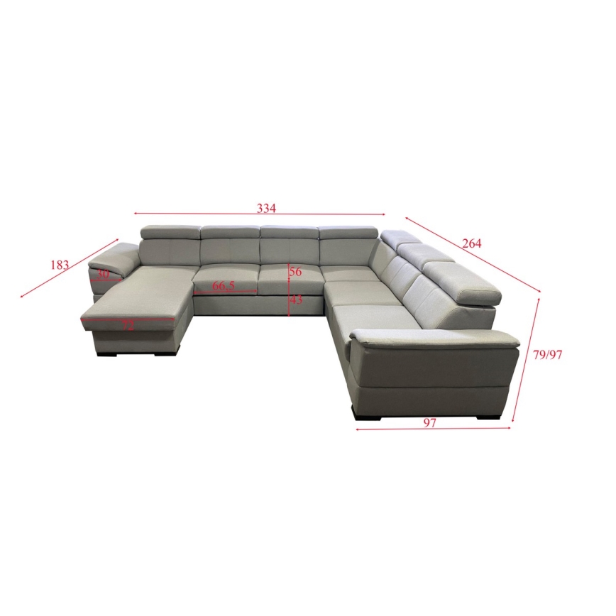 Sofá cama con chaiselongue en forma de U con almacenamiento GRANADA gris claro