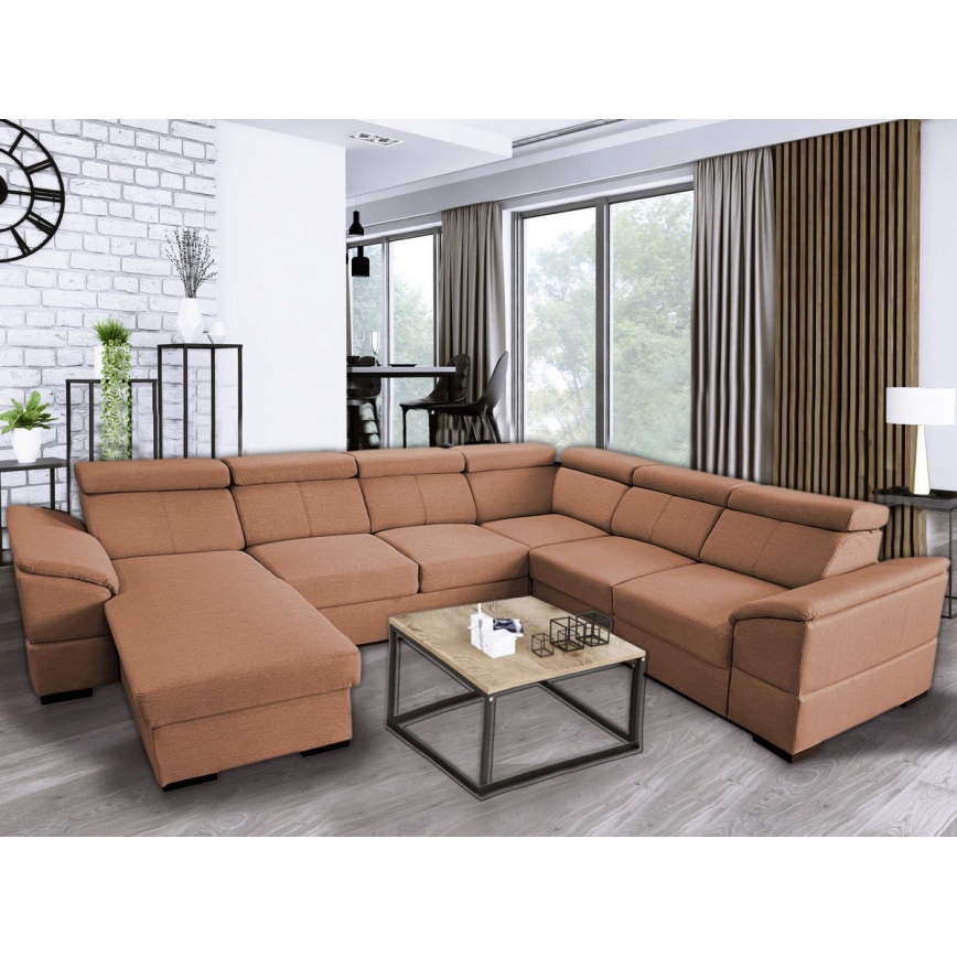 Sofá cama extensible con chaiselongue en forma de U universal con espacio de almacenamiento GRANADA marrón