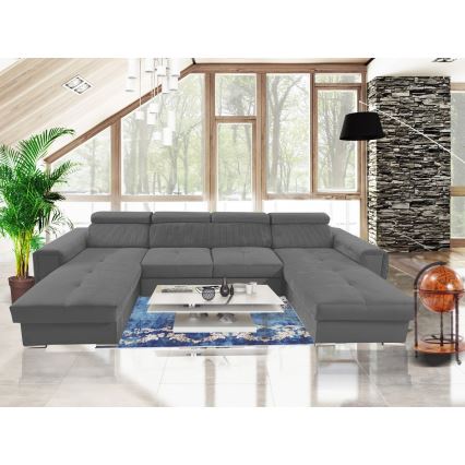 Sofá cama con chaiselongue en forma de U universal con espacio de almacenamiento SALVADA gris oscuro