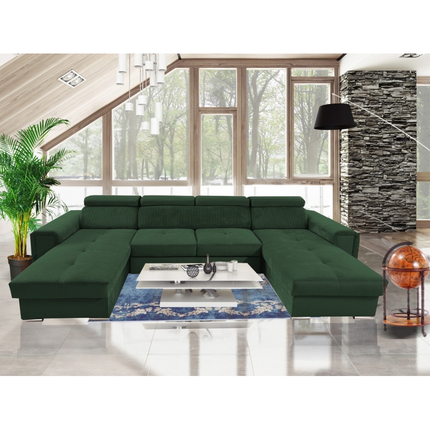 Sofá cama extensible con chaiselongue en forma de U universal con espacio de almacenamiento SALVADA verde
