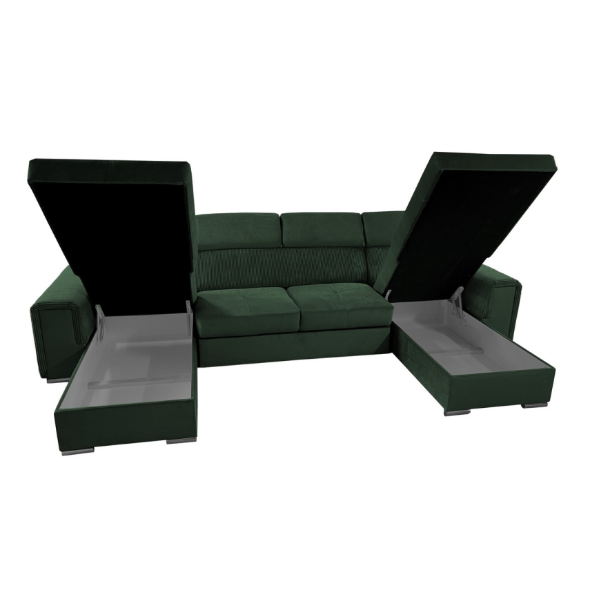 Sofá cama extensible con chaiselongue en forma de U universal con espacio de almacenamiento SALVADA verde
