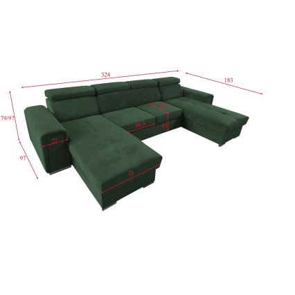 Sofá cama extensible con chaiselongue en forma de U universal con espacio de almacenamiento SALVADA verde