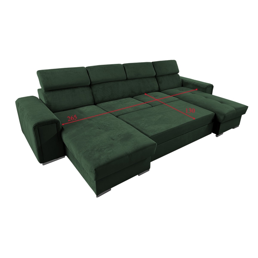 Sofá cama extensible con chaiselongue en forma de U universal con espacio de almacenamiento SALVADA verde
