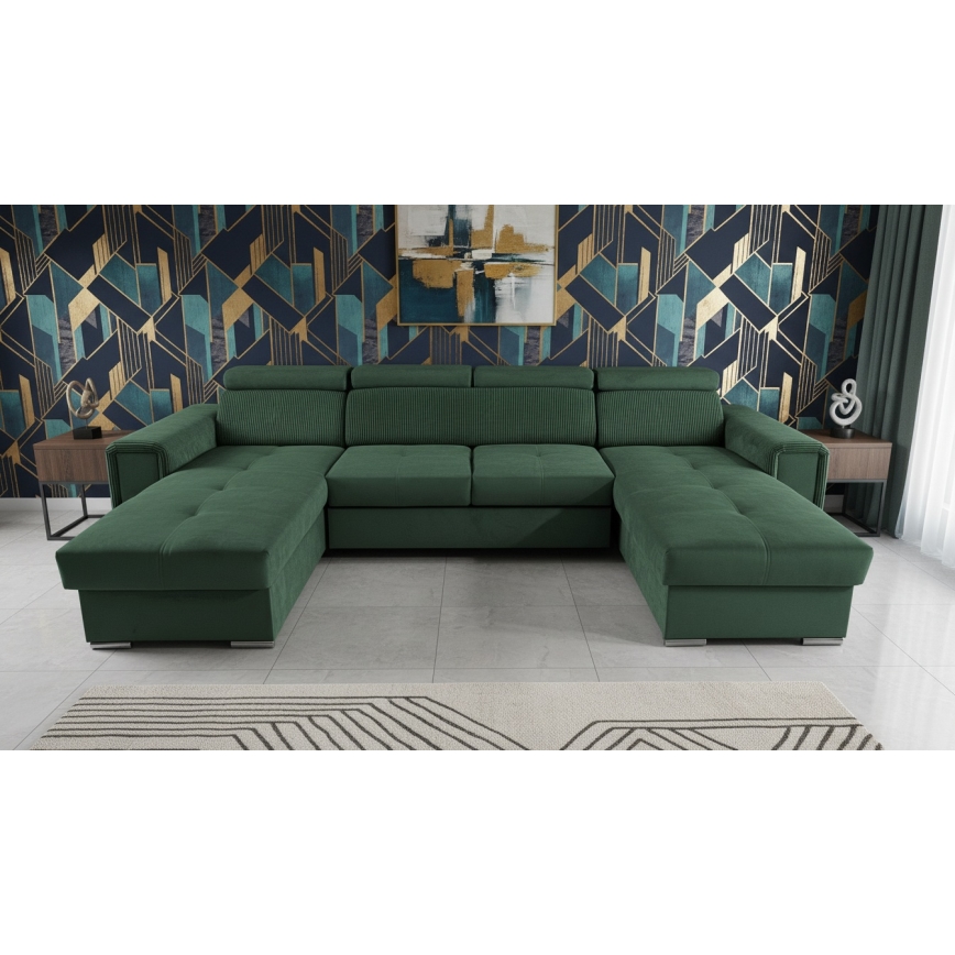 Sofá cama extensible con chaiselongue en forma de U universal con espacio de almacenamiento SALVADA verde