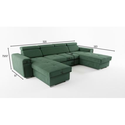Sofá cama extensible con chaiselongue en forma de U universal con espacio de almacenamiento SALVADA verde