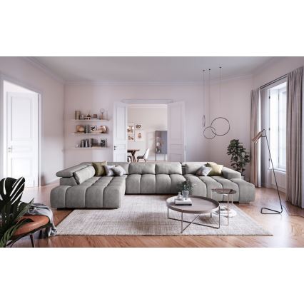 Sofá esquinero en forma de U TROPEA con reposacabezas, lado izquierdo, gris