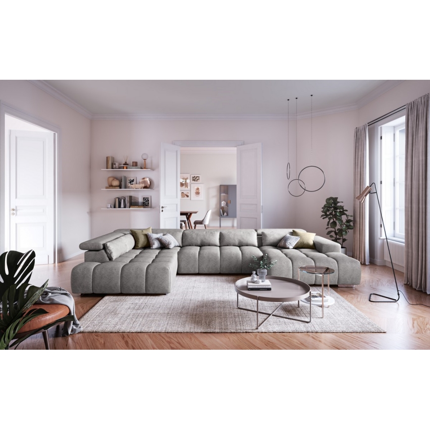 Sofá esquinero en forma de U TROPEA con reposacabezas, lado izquierdo, gris