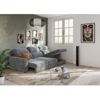 Sofá esquinero universal extensible de tres plazas con espacio de almacenamiento TRENTO gris