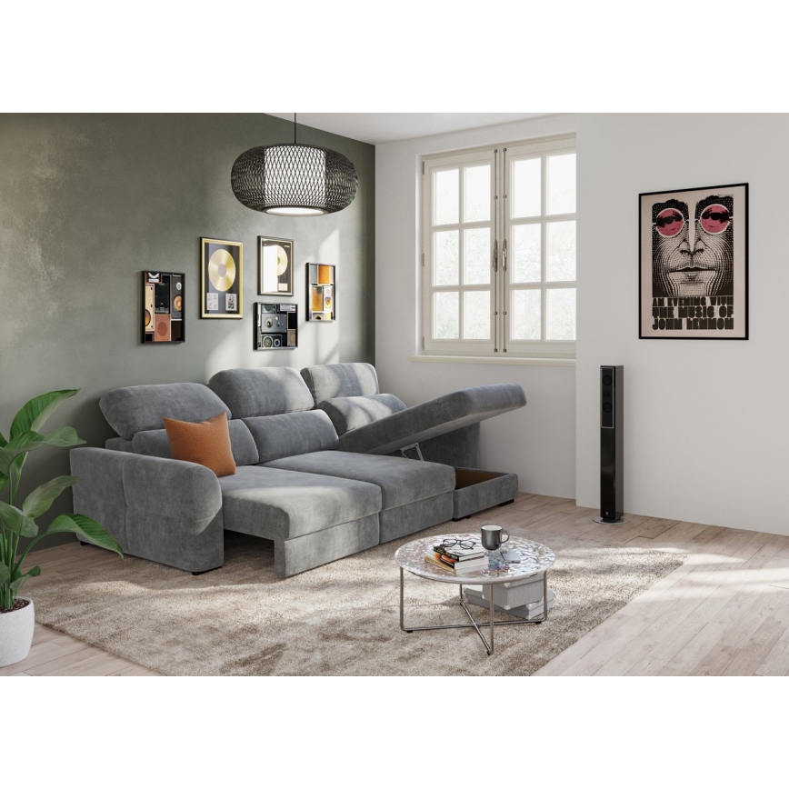 Sofá esquinero universal extensible de tres plazas con espacio de almacenamiento TRENTO gris