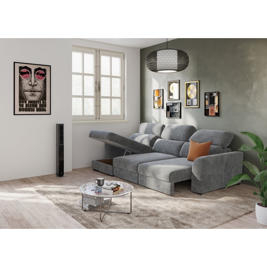 Sofá esquinero universal extensible de tres plazas con espacio de almacenamiento TRENTO gris