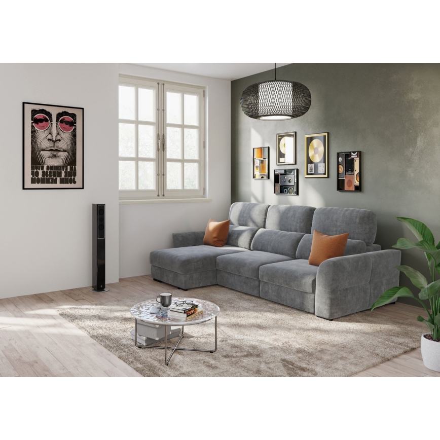 Sofá esquinero universal extensible de tres plazas con espacio de almacenamiento TRENTO gris