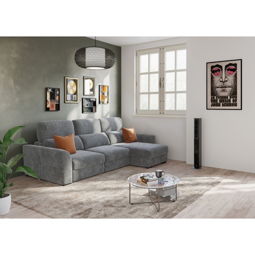 Sofá esquinero universal extensible de tres plazas con espacio de almacenamiento TRENTO gris