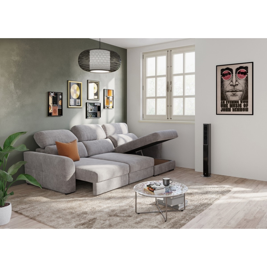 Sofá esquinero universal extensible de tres plazas con espacio de almacenamiento TRENTO taupe