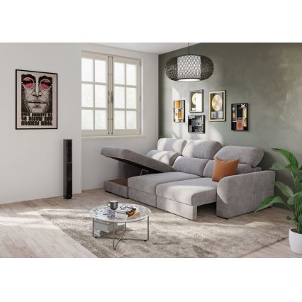 Sofá esquinero universal extensible de tres plazas con espacio de almacenamiento TRENTO taupe