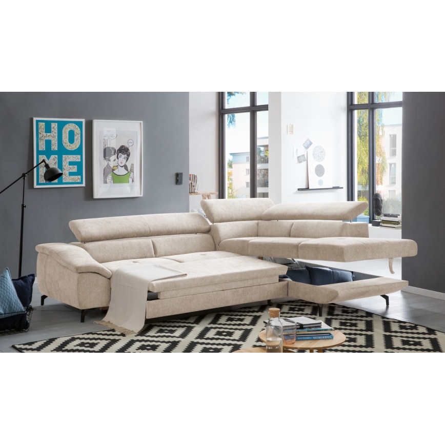 Sofá esquinero plegable en forma de L con espacio de almacenamiento BRESCIA derecho beige