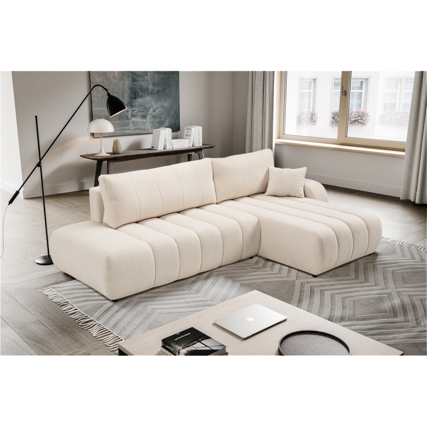 Sofá esquinero plegable en forma de L con espacio de almacenamiento DESIO derecho beige