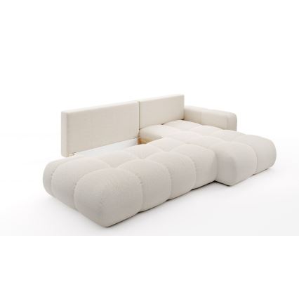Sofá rinconero tapizado convertible en cama ALMADA en L, con arcón de almacenamiento, orientación derecha, beige claro