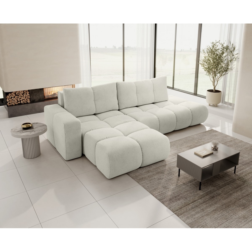 Sofá esquinero tapizado abatible en L ALMADA con almacenamiento, lado izquierdo, color beige