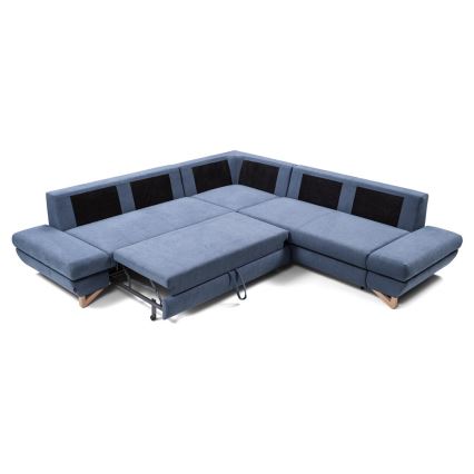 Sofá esquinero tapizado convertible con arcón en L AVESTA, lado derecho, azul