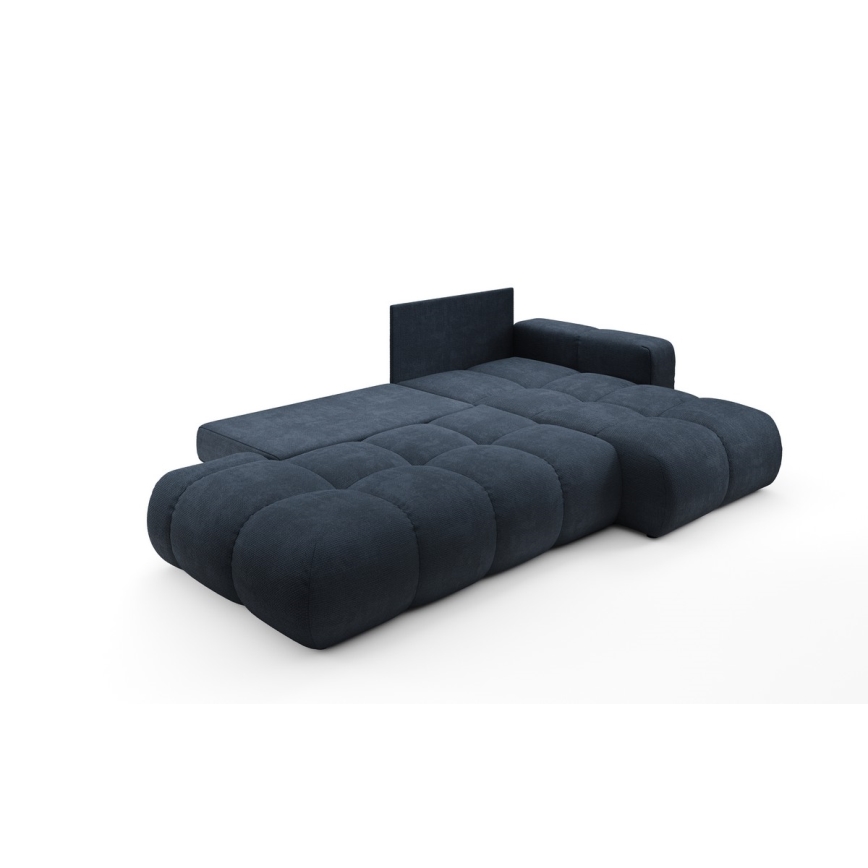 Sofá cama esquinero tapizado en L ALMADA, lado derecho, azul, con arcón de almacenaje