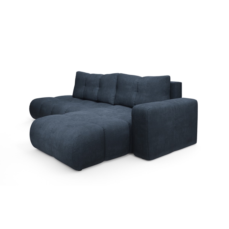 Sofá cama esquinero tapizado en L ALMADA, lado derecho, azul, con arcón de almacenaje