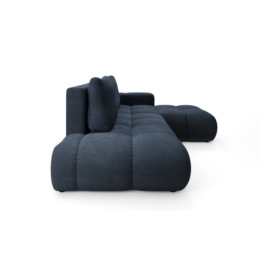 Sofá cama esquinero tapizado en L ALMADA, lado derecho, azul, con arcón de almacenaje