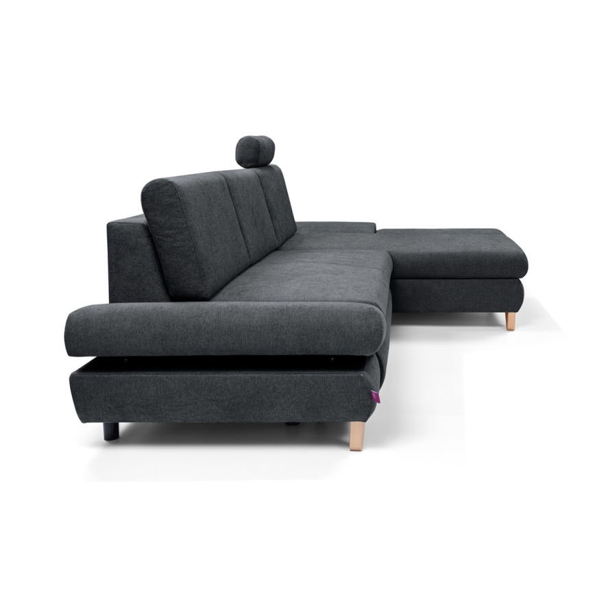 Sofá esquinero cama en L AVESTA, tapizado, con espacio de almacenamiento, orientación derecha, antracita