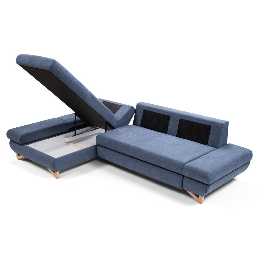 Sofá esquinero tapizado convertible en cama con arcón en L AVESTA, izquierdo, azul