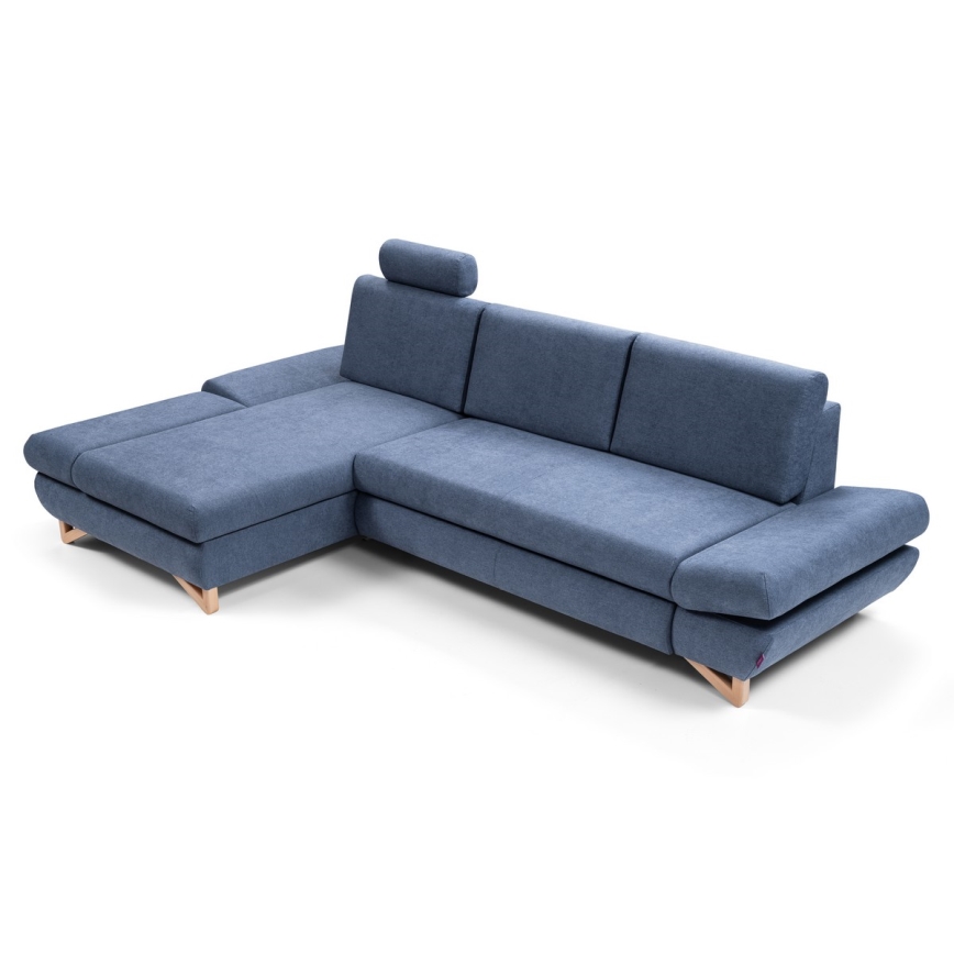 Sofá esquinero tapizado convertible en cama con arcón en L AVESTA, izquierdo, azul