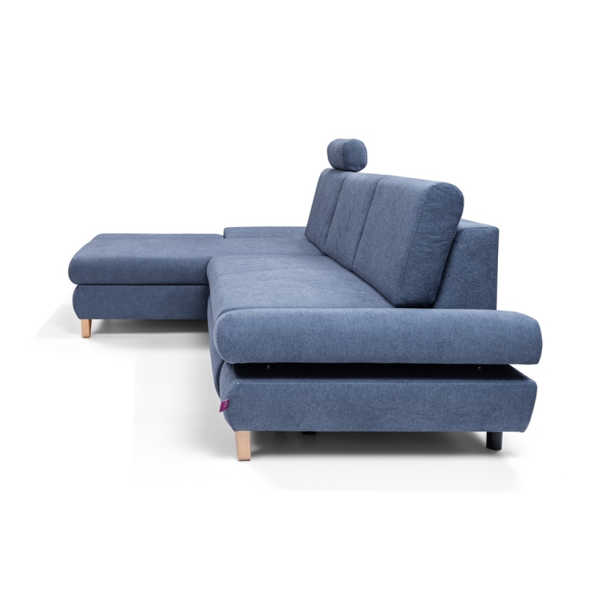 Sofá esquinero tapizado convertible en cama con arcón en L AVESTA, izquierdo, azul