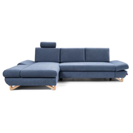 Sofá esquinero tapizado convertible en cama con arcón en L AVESTA, izquierdo, azul