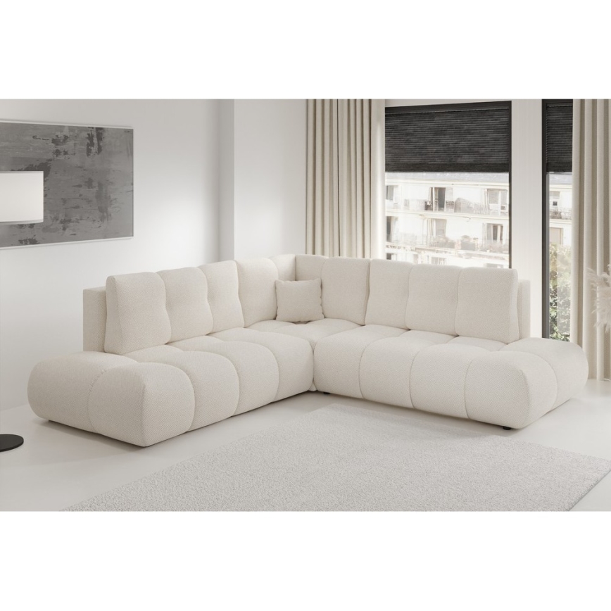 Sofá esquinero tapizado convertible en cama con amplio espacio de almacenaje en L ALMADA, orientación izquierda, beige