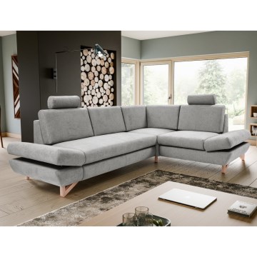 Sofá esquinero tapizado convertible en cama con arcón de almacenamiento en L AVESTA, orientación derecha, gris