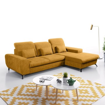 Sofá esquinero tapizado convertible en cama en L ALTA, con arcón de almacenamiento, versión derecha, color amarillo