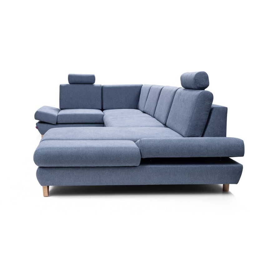 Sofá cama esquinero tapizado en U con arcón AVESTA, azul