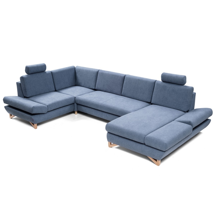 Sofá cama esquinero tapizado en U con arcón AVESTA, azul