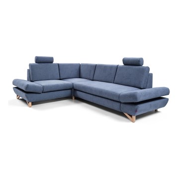 Sofá esquinero tapizado en L AVESTA, convertible en cama con arcón, chaise a la izquierda, azul