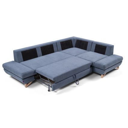 Sofá cama esquinero tapizado con arcón en L AVESTA, versión derecha, azul