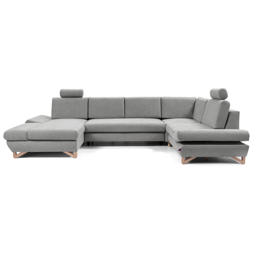 Sofá esquinero tapizado en U, convertible en cama y con arcón de almacenamiento AVESTA, gris